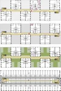 Plattegronden eerste, tweede, derde en zevende verdieping 1:750