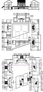 Plattegronden begane grond en eerste verdieping plus doorsnede 1:750