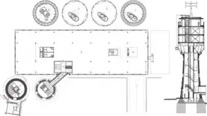 10 Plattegronden niveau 1 paviljoen, begane grond, eerste verdieping en opbouw niveau 1 t/m 4 watertoren plus doorsnede 1:500
