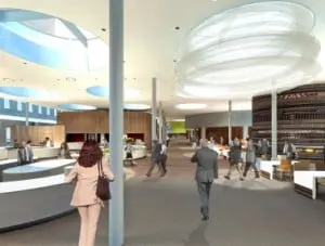 1 Plaza op de begane grond met vrijstaande paviljoens van diverse ontwerpers