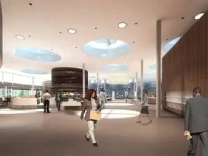 2 Onder enorme lichtkoepels met een doorsnede van 4,5 meter verlichten in de Plaza diverse functies als restaurant, vergaderpaviljoens en espressobar