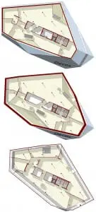 Plattegronden begane grond, eerste en tweede verdieping 1:500