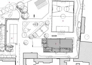 1 entree 2 pierebad 3 gebouw 4 sportveld 5 spoorbaan