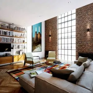 Woonkamer van een nieuw appartement in Batttersea Powerstation, ontwerp Michaelis Boyd