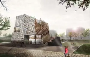 Winnend prijsvraagontwerp uit 2011 voor een horecapaviljoen in het Theo van Goghpark op IJburg. De houten gevelbekleding is opgebouwd uit een ruimtelijke lattenstructuur, met gesloten en open delen. Nog niet uitgevoerd.