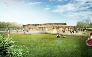 12. Ontwerp voor het Noorderparkbad te Amsterdam van de Architekten Cie. De regengordijnen zijn esthetisch en educatief bijzonder.