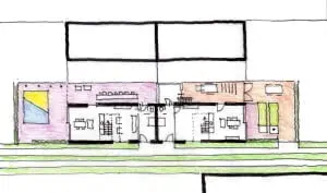 Plattegrond cluster van vier schuurwoningen, prijswinnend ontwerp uit 2011 voor 46 levensloopbestendige woningen in Schipluiden.