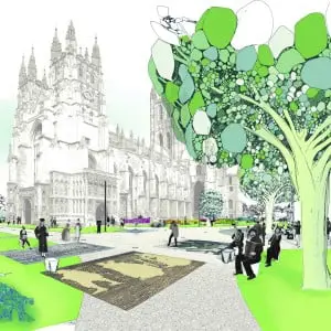 Kossmann.dejong is als enige niet-Britse team geselecteerd voor de shortlist van de Canterbury Cathedral Landscape Design. De opdrachtgever wil het bestaande landschap direct voor de hoofdingang van de kathedraal vernieuwen. Speciale aandacht wordt gevraagd voor de route die bezoekers afleggen door de landschappelijke setting, het voorliggende plein, dat een belangrijk onderdeel uitmaakt van de ‘visitor experience’. Foto: Thijs Wolzak