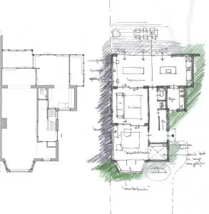 Plattegrond van de bestaande begane grond en schets van de nieuwe situatie van een royaal jaren ’30 woonhuis in Driebergen, waarvoor Hollands Huis het ontwerp maakte. De diverse aanbouwen aan de tuinzijde en vreemde hoeken in de woning zijn getransformeerd tot een eenduidige, heldere opzet.