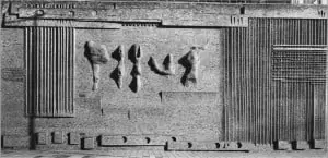 Bouwcentrum Rotterdam met sculptuur in baksteen van Henry Moore