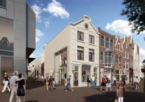 Zicht vanaf de Aalmarkt in de nieuwe Catharinasteeg, waar een mix van grote en middelgrote winkelruimten (in totaal 5.700 m2) komt, met daarboven appartementen.