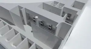 Toiletgroep in het Van Gogh Museum (oplevering zomer 2015). Een slakkenhuis-route zorgt voor een aangename overgang van openbare naar besloten ruimte, van publieksfoyer naar toilet.