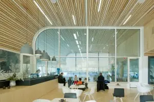 Zicht op zwembad vanuit horeca