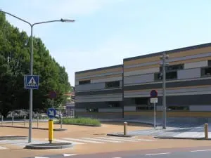 Valeriusstraat met zoen- en zoefplek waar ouders de kinderen afzetten. De markante boom is prachtig ingepast in het ontwerp