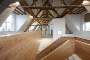 Zolder Statenvleugel. In de kantoren in het witte blok staan kasten, waarin ooit de zoölogische en anatomische collecties stonden uitgestald. 