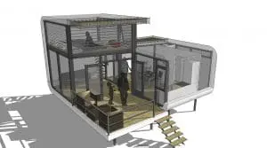 Strandslaaphuisjes bij Nieuwvliet. WTS architecten. Twee polyester schalen van verschillende afmetingen, zodat de zon over de lage schaal heen kan piepen. 