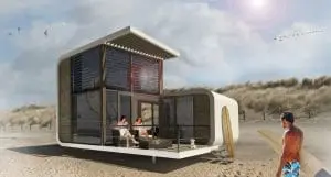 Strandslaaphuisjes bij Nieuwvliet. WTS architecten. Twee polyester schalen van verschillende afmetingen, zodat de zon over de lage schaal heen kan piepen. Twee terrassen, één aan de duinkant, zodat er privacy en zowel ’s ochtends als ’s middags zon is