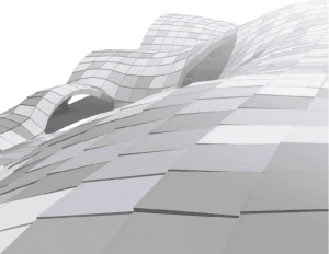 Geprinte elementen van gerecycled plastic vormen gevel en dak.