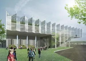 De entree met brede opgaande trap
leidt naar het Stadstuinbouw Plein met bezoekersfaciliteiten.