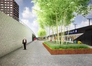 Entree Laak gezien vanaf gebouw The Globe, links viaduct Waldorpstraat