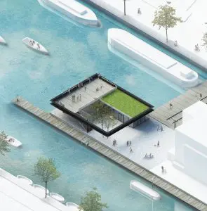 Binnen het kader van de dakrand ligt naast
het restaurant een overdekte en een open
publieke ruimte.