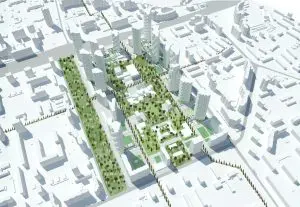 Stedenbouwkundig plan voor District 82 in Khoroshevo-Mnevniki in Moskou. Rond het bospark dat in 50 jaar tussen de Chroesjtsjov-flats is gegroeid, zijn 20 woontorens gepland. Ontwerp i.s.m. A-Projekt, i.o.v. Krost. 