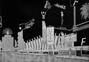 The Firestone Hotel by night,potlood op papier, 35 x 41 cm (2018)