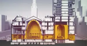 Doorsnede met links de bestaande hal en rechts de nieuwe hal onder de woontoren. Foto Jacqueline Knudsen.