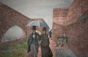  De Dakkamers. Impressie van de centrale gang die over het dak van het bestaande appartementengebouw loopt langs de individuele dakkamers