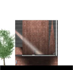 De Tussenkamer. Doorsnede van de doorgang van de drukke straat naar de rust van het bestaande groene binnenhof