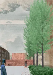 Exterieur van De Werkplaats met de overgang van de strooistenen in het bestaande straatwerk naar de daadwerkelijke manifestatie van de gang 