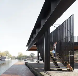 Het paviljoen Piushaven biedt bezoekers een mooi uitzicht, houdt de pier toegankelijk en biedt ruimte voor evenementen • Foto Stijn Bollaert. 