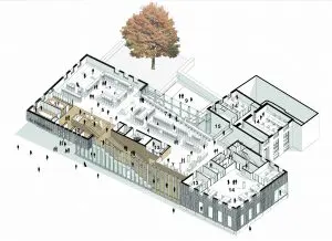 1e verdieping. 5 collectiegebieden 7 studie werkplekken / stilteruimte 9 terras 11
cursusruimte 12 studiecabines 13 vergaderruimte
14 kantoor 15 vide.