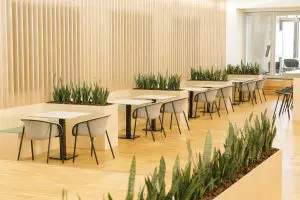 Circulair zijn onder andere de kuipstoelen en zittingen van de banken met vilt van gerecyclede  petflessen