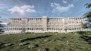 Façade van het ontwerp van het Olympisch stadion, dat na gebruik is te transformeren tot appartementen- en hotelcomplex met openbare functies op de begane grond