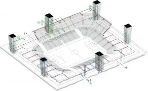 Routing appartementen. De belangrijkste elementen van de ontsluiting zijn zes verticale robuuste kolommen van beton.