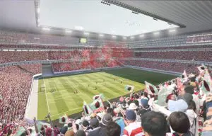 Visualisatie stadion. Door de transformatie van stadion naar appartementencomplex wordt het voetbalveld overbodig
