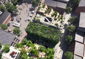 Elk gebouw heeft een gevel die bijdraagt aan vergroening van de stad, de daken krijgen tuinen of een appelboomgaard