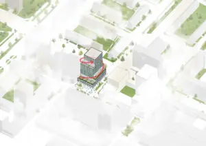 Diverse terrassen draaien als een spiraal rondom het gebouw.