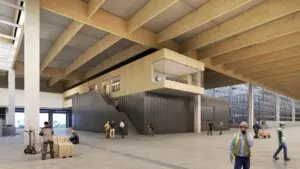 De daklichten tussen de houten spanten laten veel daglicht toe.