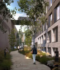 De groene Vallei als oriëntatiepunt en ontspannende ruimte tussen entreegebouw en de bestaande parkeergarage