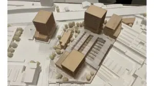 Modelfoto met zicht vanuit het zuiden op het ontwikkelvoorstel van het team neutelings riedijk architecten met kollektif landschap