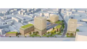 Schuin luchtperspectief met doorkijk vanuit het noordwesten op het ontwikkelingsvoorstel van het architectenteam neutelings riedijk met kollektif landschap