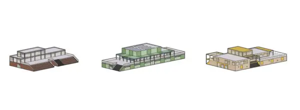 Impressie 3 mogelijke varianten van Modulair Clubhuis in houtbouw. Ontwerp: Arons en Gelauff architecten op basis van Sustainer-modules.