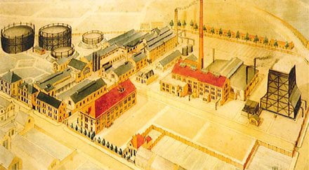 De Deprez-fabriek (geheel links) op een aquarel van B. Ruigvoorn 