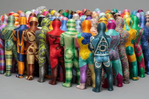 June Lee, Detail Bystander, 2016, thread on plastic cast, 24 x 5 x 4 cm each figure.  Photo: Myoung Studio
