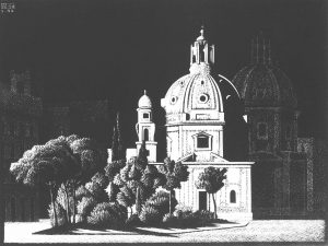 Nachtelijk Rome - Kerkjes, Piazza Venezia (1934), M.C. Escher © the M.C. Escher Company B.V. All rights reserved. www.mcescher.com